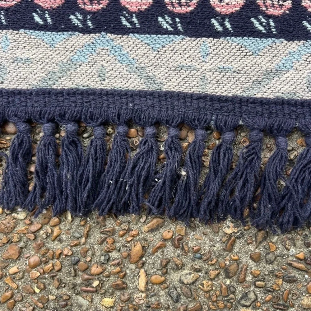 Vintage Floral Woven Tapestry Throw Blanket Navy Pink Boho Fringe Knit